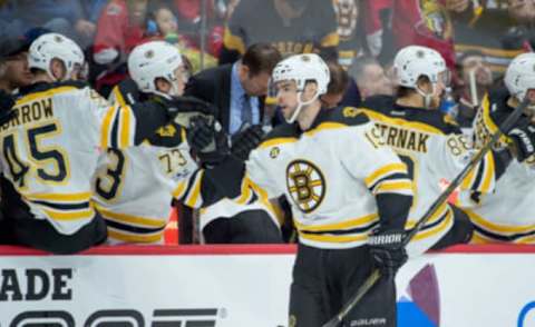 Apr 15, 2017; Ottawa, Ontario, CAN; Boston Bruins right wing Drew Stafford (19) celebrates his goal against the Ottawa Senators in the second period as part of game two of the first round of the 2017 Stanley Cup Playoffs at the Canadian Tire Centre. Mandatory Credit: Marc DesRosiers-USA TODAY Sports