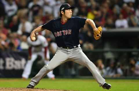 October 6, 2016; Cleveland, OH, USA; Boston Red Sox relief pitcher Koji Uehara (19) throws in the eighth inning against the Cleveland Indians during game one of the 2016 ALDS playoff baseball game at Progressive Field. Mandatory Credit: Ken Blaze-USA TODAY Sports