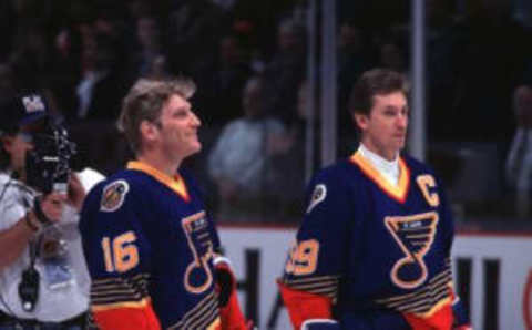 1999 Season: Wayne Gretzky with Brett Hull And Player Blues Gretzky. (Photo by Bruce Bennett Studios via Getty Images Studios/Getty Images)