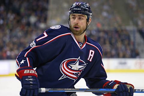 Mar 10, 2017; Columbus, OH, USA; Columbus Blue Jackets center Brandon Dubinsky (17) against the Buffalo Sabres at Nationwide Arena. The Blue Jackets won 4-3. Mandatory Credit: Aaron Doster-USA TODAY Sports