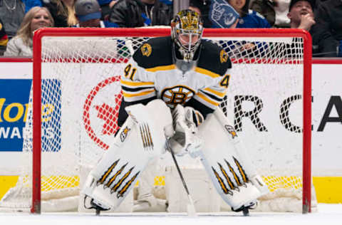 VANCOUVER, BC – FEBRUARY 22: Goalie Jaroslav Halak #41 of the Boston Bruins during NHL action against the Vancouver Canucks at Rogers Arena on February 22, 2020 in Vancouver, Canada. (Photo by Rich Lam/Getty Images)