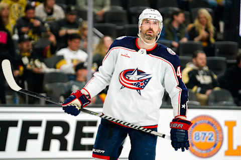 Mar 19, 2023; Las Vegas, Nevada, USA; Columbus Blue Jackets defenseman Erik Gudbranson (44) plays during the second period against the Vegas Golden Knights at T-Mobile Arena. Mandatory Credit: Lucas Peltier-USA TODAY Sports