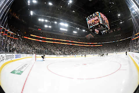 Fans wave towels as they wait for the first period to start in Game Six of the Western Conference First Round between the San Jose Sharks and the Vegas Golden Knights during the 2019 NHL Stanley Cup Playoffs at T-Mobile Arena on April 21, 2019. (Photo by Ethan Miller/Getty Images)