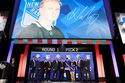 Kaapp Kakko smiles after being selected second overall by the New York Rangers (Photo by Bruce Bennett/Getty Images)