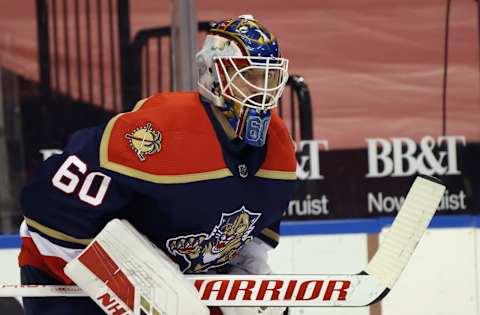 SUNRISE, FLORIDA – FEBRUARY 13: Chris Driedger #60 of the Florida Panthers skates in warm-ups prior to the game against the Tampa Bay Lightning at the BB&T Center on February 13, 2021 in Sunrise, Florida. (Photo by Bruce Bennett/Getty Images)