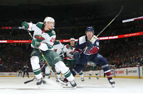 DENVER, COLORADO – DECEMBER 27: Mikko Rantanen #96 of the Colorado Avalanche skates against Jonas Brodin #25 of the Minnesota Wild at Pepsi Center on December 27, 2019, in Denver, Colorado. The Wild defeated the Avalanche 6-4. (Photo by Michael Martin/NHLI via Getty Images)