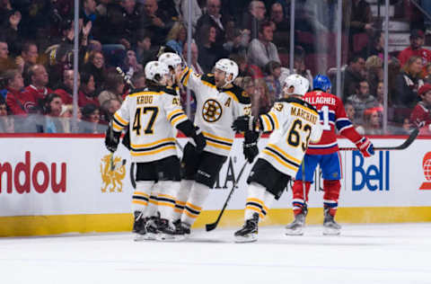 MONTREAL, QC – JANUARY 20: Boston Bruins right wing David Pastrnak (88) celebrates with teammates during the second period of the NHL game between the Boston Bruins and the Montreal Canadiens on January 20, 2018, at the Bell Centre in Montreal, QC (Photo by Vincent Ethier/Icon Sportswire via Getty Images)