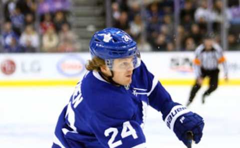 TORONTO, ON – OCTOBER 05: Kasperi Kapanen #24 of the Toronto Maple Leafs shoots the puck during an NHL game against the Montreal Canadiens at Scotiabank Arena on October 5, 2019 in Toronto, Canada. (Photo by Vaughn Ridley/Getty Images)