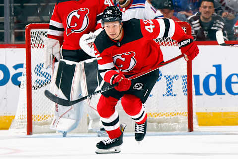 Curtis Lazar playing in his first preseason with the New Jersey Devils. (Photo by Bruce Bennett/Getty Images)