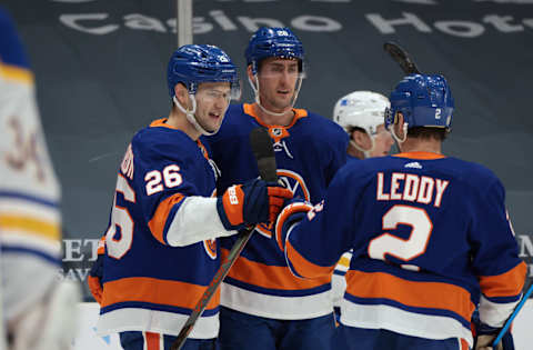 Oliver Wahlstrom #26, Brock Nelson #29 and Nick Leddy #2 of the New York Islanders. (Photo by Bruce Bennett/Getty Images)