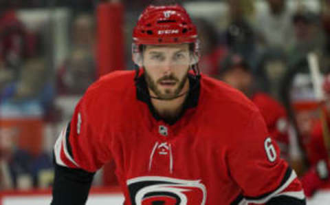 RALEIGH, NC – OCTOBER 06: Carolina Hurricanes Defenceman Joel Edmundson (6) skates in before a face-off during a game between the Tampa Bay Lightning and the Carolina Hurricanes at the PNC Arena in Raleigh, NC on October 6, 2019.(Photo by Greg Thompson/Icon Sportswire via Getty Images)