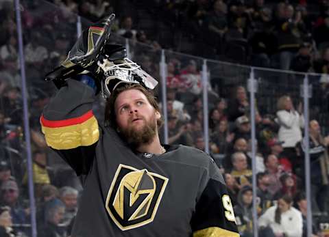 LAS VEGAS, NEVADA – MARCH 03: Robin Lehner #90 of the Vegas Golden Knights puts on his mask before a game against the New Jersey Devils in the first period of their game at T-Mobile Arena on March 3, 2020 in Las Vegas, Nevada. The Golden Knights defeated the Devils 3-0. (Photo by Ethan Miller/Getty Images)