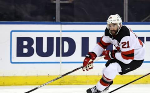 NEW YORK, NEW YORK – FEBRUARY 16: Kyle Palmieri #21 of the New Jersey Devils heads for the net in the first period against the New York Rangers at Madison Square Garden on February 16, 2021 in New York City. (Photo by Elsa/Getty Images)