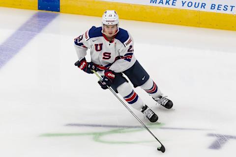 EDMONTON, AB – DECEMBER 25: Ryan Johnson #23 of the United States warms up against Russia during the 2021 IIHF World Junior Championship at Rogers Place on December 25, 2020 in Edmonton, Canada. (Photo by Codie McLachlan/Getty Images)