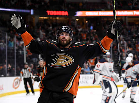 ANAHEIM, CALIFORNIA – FEBRUARY 25: Adam Henrique #14 of the Anaheim Ducks celebrates his goal to take a 3-2 lead over the Edmonton Oilers during the third period in a 4-3 overtime Ducks win at Honda Center on February 25, 2020 in Anaheim, California. (Photo by Harry How/Getty Images)