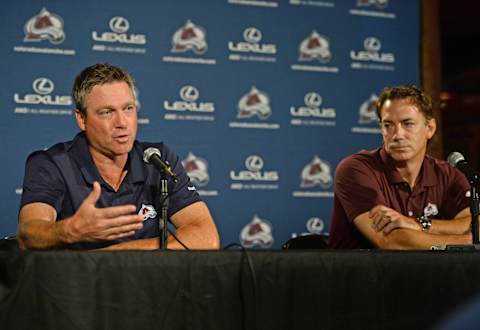 DENVER, CO – SEPTEMBER 18: Colorado Avalanche head coach Patrick Roy, left, and Executive Vice President Joe Sakic talk to media about the up coming season, September 18, 2014. Avalanche veterans reported today for physicals and media availability at the Pepsi Center. (Photo by RJ Sangosti/The Denver Post via Getty Images)