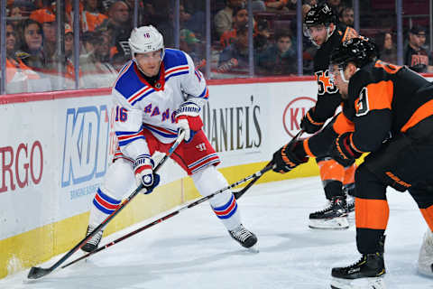 PHILADELPHIA, PA – MARCH 31: Ryan Strome #16 of the New York Rangers tries to get past Shayne Gostisbehere #53 and Ivan Provorov #9 of the Philadelphia Flyers in the third period at Wells Fargo Center on March 31, 2019 in Philadelphia, Pennsylvania. The Rangers won 3-0. (Photo by Drew Hallowell/Getty Images)