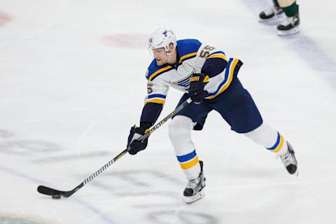 Apr 22, 2017; Saint Paul, MN, USA; St Louis Blues defenseman Colton Parayko (55) passes in the third period against the Minnesota Wild in game five of the first round of the 2017 Stanley Cup Playoffs at Xcel Energy Center. Mandatory Credit: Brad Rempel-USA TODAY Sports