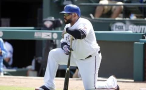 Jul 10, 2016; Arlington, TX, USA; Texas Rangers first baseman Prince Fielder (84) on deck in the sixth inning against the Minnesota Twins at Globe Life Park in Arlington. Mandatory Credit: Tim Heitman-USA TODAY Sports