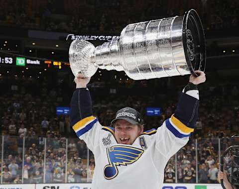 BOSTON, MASSACHUSETTS – JUNE 12: Vladimir Tarasenko #91 of the St. Louis Blues holds the Stanley Cup following the Blues victory over the Boston Bruins at TD Garden on June 12, 2019 in Boston, Massachusetts. (Photo by Bruce Bennett/Getty Images)