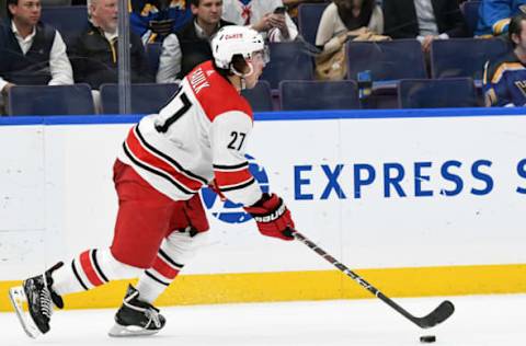 ST. LOUIS, MO – NOVEMBER 06: Carolina Hurricanes defenseman Justin Faulk (27) skates with the puck during a NHL game game between the Carolina Hurricanes and the St. Louis Blues on November 6, 2018, at Enterprise Center, St. Louis, MO. (Photo by Keith Gillett/Icon Sportswire via Getty Images)