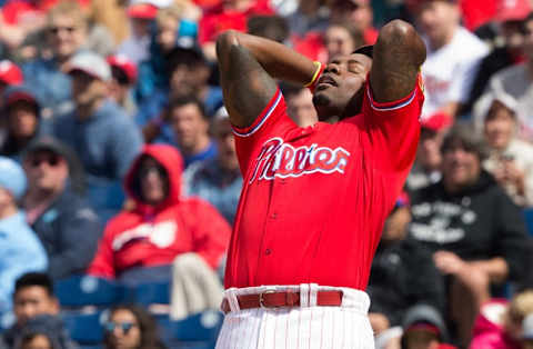 Jun 8, 2016; Philadelphia, PA, USA; Philadelphia Phillies first baseman Ryan Howard (6) reacts after striking out to end the seventh inning against the Chicago Cubs at Citizens Bank Park. The Chicago Cubs won 8-1. Mandatory Credit: Bill Streicher-USA TODAY Sports