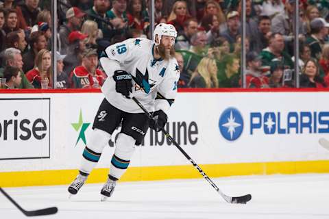 Mar 5, 2017; Saint Paul, MN, USA; San Jose Sharks forward Joe Thornton (19) skates with the puck in the third period against the Minnesota Wild at Xcel Energy Center. The Minnesota Wild beat the San Jose Sharks 3-1. Mandatory Credit: Brad Rempel-USA TODAY Sports