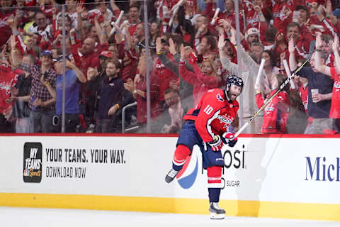 WASHINGTON, DC – APRIL 20: Brett Connolly #10 of the Washington Capitals celebrates after scoring a goal in the second period against the Carolina Hurricanes in Game Five of the Eastern Conference First Round during the 2019 NHL Stanley Cup Playoffs at Capital One Arena on April 20, 2019 in Washington, DC. (Photo by Patrick McDermott/NHLI via Getty Images)