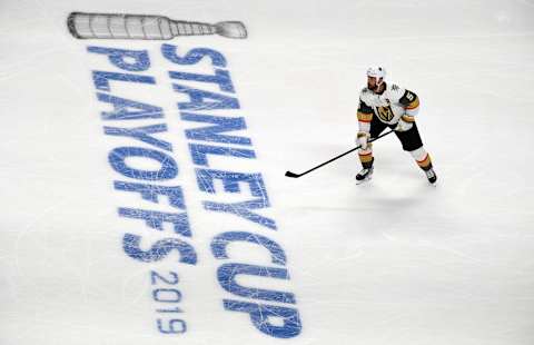 SAN JOSE, CA – APRIL 10: Deryk Engelland #5 of the Vegas Golden Knights skates during the first period against the San Jose Sharks in Game One of the Western Conference First Round during the 2019 Stanley Cup Playoffs at SAP Center on April 10, 2019 in San Jose, California. (Photo by Jeff Bottari/NHLI via Getty Images)