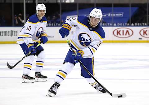 NEW YORK, NEW YORK – APRIL 25: Casey Mittelstadt #37 of the Buffalo Sabres takes a shot in the third period against the New York Rangers at Madison Square Garden on April 25, 2021 in New York City.The New York Rangers defeated the Buffalo Sabres 6-3. (Photo by Elsa/Getty Images)