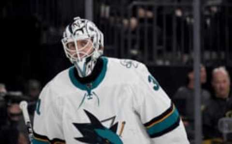 LAS VEGAS, NEVADA – SEPTEMBER 29: Martin Jones #31 of the San Jose Sharks takes a break during a stop in play in the second period of a preseason game against the Vegas Golden Knights at T-Mobile Arena on September 29, 2019, in Las Vegas, Nevada. The Golden Knights defeated the Sharks 5-1. (Photo by Ethan Miller/Getty Images)