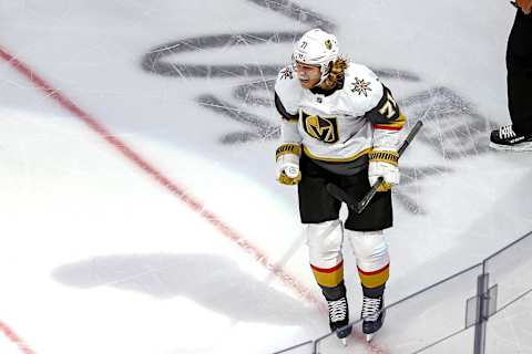 William Karlsson #71 of the Vegas Golden Knights celebrates after scoring a goal against the Vancouver Canucks during the third period in Game Four of the Western Conference Second Round. (Photo by Bruce Bennett/Getty Images)