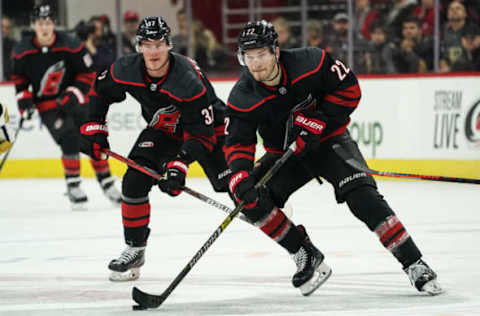 RALEIGH, NC – JANUARY 31: Carolina Hurricanes Left Wing Andrei Svechnikov (37) skates after Carolina Hurricanes Defenceman Brett Pesce (22) during a game between the Carolina Hurricanes and the Las Vegas Golden Knights on January 31, 2020 at the PNC Arena in Raleigh, NC. (Photo by Greg Thompson/Icon Sportswire via Getty Images)