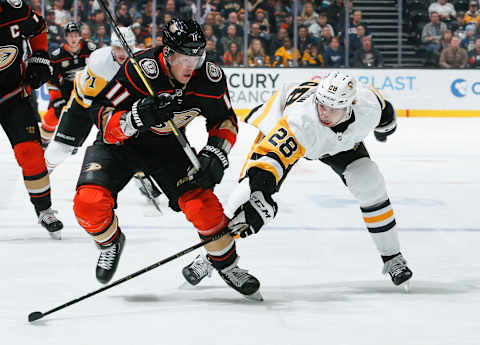 ANAHEIM, CA – JANUARY 11: Daniel Sprong #11 of the Anaheim Ducks skates against Marcus Pettersson #28 of the Pittsburgh Penguins during the first period of the game at Honda Center on January 11, 2019, in Anaheim, California. (Photo by Debora Robinson/NHLI via Getty Images)