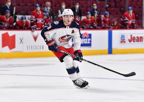 MONTREAL, QC – JANUARY 30: Zach Werenski #8 of the Columbus Blue Jackets skates against the Montreal Canadiens during the second period at Centre Bell on January 30, 2022, in Montreal, Canada. The Columbus Blue Jackets defeated the Montreal Canadiens 6-3. (Photo by Minas Panagiotakis/Getty Images)