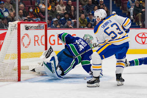 Mar 20, 2022; Vancouver, British Columbia, CAN; Buffalo Sabres forward Jeff Skinner (53) scores on Vancouver Canucks goalie Thatcher Demko (35) in the second period at Rogers Arena. Mandatory Credit: Bob Frid-USA TODAY Sports