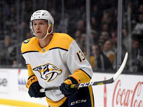 LOS ANGELES, CALIFORNIA – OCTOBER 12: Nick Bonino #13 of the Nashville Predators skates after the play during a 7-4 Los Angeles Kings win at Staples Center on October 12, 2019 in Los Angeles, California. (Photo by Harry How/Getty Images)