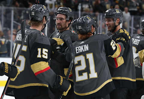 LAS VEGAS, NEVADA – OCTOBER 12: The Vegas Golden Knights celebrate after defeating the Calgary Flames at T-Mobile Arena on October 12, 2019 in Las Vegas, Nevada. (Photo by Zak Krill/NHLI via Getty Images)