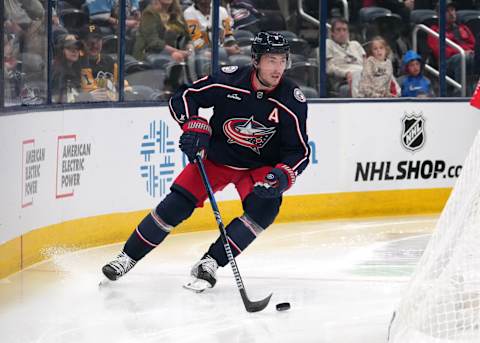 COLUMBUS, OHIO – SEPTEMBER 24: Zach Werenski #8 of the Columbus Blue Jackets skates with the puck during the third period against the Pittsburgh Penguins at Nationwide Arena on September 24, 2023 in Columbus, Ohio. (Photo by Jason Mowry/Getty Images)