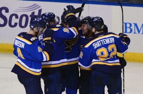 Oct 29, 2016; St. Louis, MO, USA; St. Louis Blues left wing Jaden Schwartz (17) celebrates with teammates after scoring the game winning goal against the Los Angeles Kings during the third period at Scottrade Center. The Blues won 1-0. Mandatory Credit: Jeff Curry-USA TODAY Sports