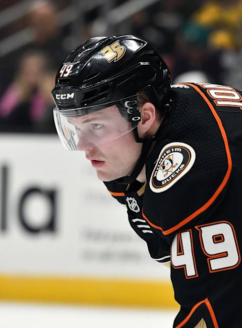 ANAHEIM, CA – APRIL 05: Anaheim Ducks left wing Max Jones (49) on the ice in the second period of a game against the Los Angeles Kings played on April 5, 2019, at the Honda Center in Anaheim, CA. (Photo by John Cordes/Icon Sportswire via Getty Images)