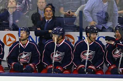 NHL Team Name Origins: Columbus Blue Jackets head coach John Tortorella looks on from the bench against the San Jose Sharks in the first period at Nationwide Arena. Mandatory Credit: Aaron Doster-USA TODAY Sports