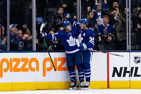 TORONTO, ON – NOVEMBER 05: Toronto Maple Leafs Right Wing William Nylander (88) celebrates his goal with Toronto Maple Leafs Center Auston Matthews (34) during the NHL regular season game between the Los Angeles Kings and the Toronto Maple Leafs on November 5, 2019, at Scotiabank Arena in Toronto, ON, Canada. (Photo by Julian Avram/Icon Sportswire via Getty Images)