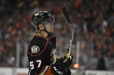 Apr 23, 2016; Anaheim, CA, USA; Anaheim Ducks left wing David Perron (57) looks on against the Nashville Predators during the second period in game five of the first round of the 2016 Stanley Cup Playoffs at Honda Center. Mandatory Credit: Kelvin Kuo-USA TODAY Sports