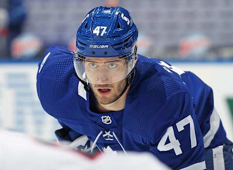 TORONTO, ON – FEBRUARY 15: Pierre Engvall #47 of the Toronto Maple Leafs  (Photo by Claus Andersen/Getty Images)