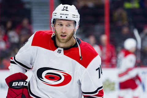 OTTAWA, ON – MARCH 24: Carolina Hurricanes Defenceman Jaccob Slavin (74) skates during warm-up before National Hockey League action between the Carolina Hurricanes and Ottawa Senators on March 24, 2018, at Canadian Tire Centre in Ottawa, ON, Canada. (Photo by Richard A. Whittaker/Icon Sportswire via Getty Images)