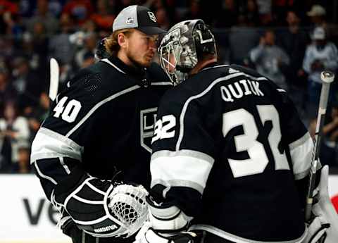 Cal Petersen and Jonathan Quick after Game Four of the First Round of the 2022 Stanley Cup Playoffs. (Photo by Ronald Martinez/Getty Images)