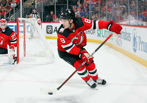 Reilly Walsh #8 of the New Jersey Devils. (Photo by Bruce Bennett/Getty Images)