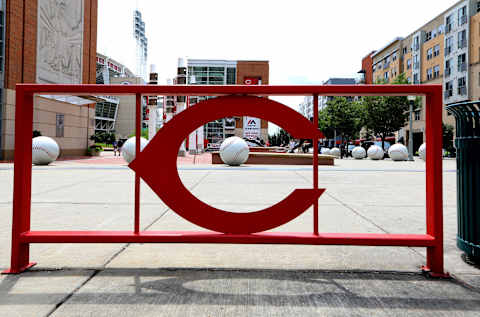 CINCINNATI – JULY 21: Cincinnati Reds logo-fence and baseball sculptures sits outside Great American Ball Park, home of the Cincinnati Reds baseball team in Cincinnati, Ohio on July 21, 2017. (Photo By Raymond Boyd/Getty Images)