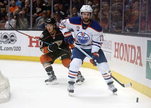 May 10, 2017; Anaheim, CA, USA; Edmonton Oilers center David Desharnais (13) controls the puck ahead of Anaheim Ducks defenseman Brandon Montour (71) during the first period in game seven of the second round of the 2017 Stanley Cup Playoffs at Honda Center. Mandatory Credit: Gary A. Vasquez-USA TODAY Sports